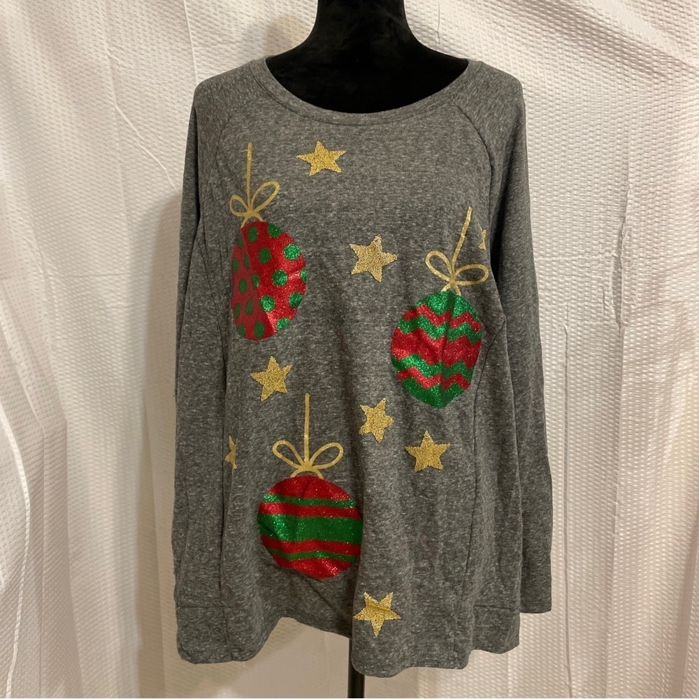 Christmas gray Women’s Sweatshirt (holiday Time) with ornaments size 0X.